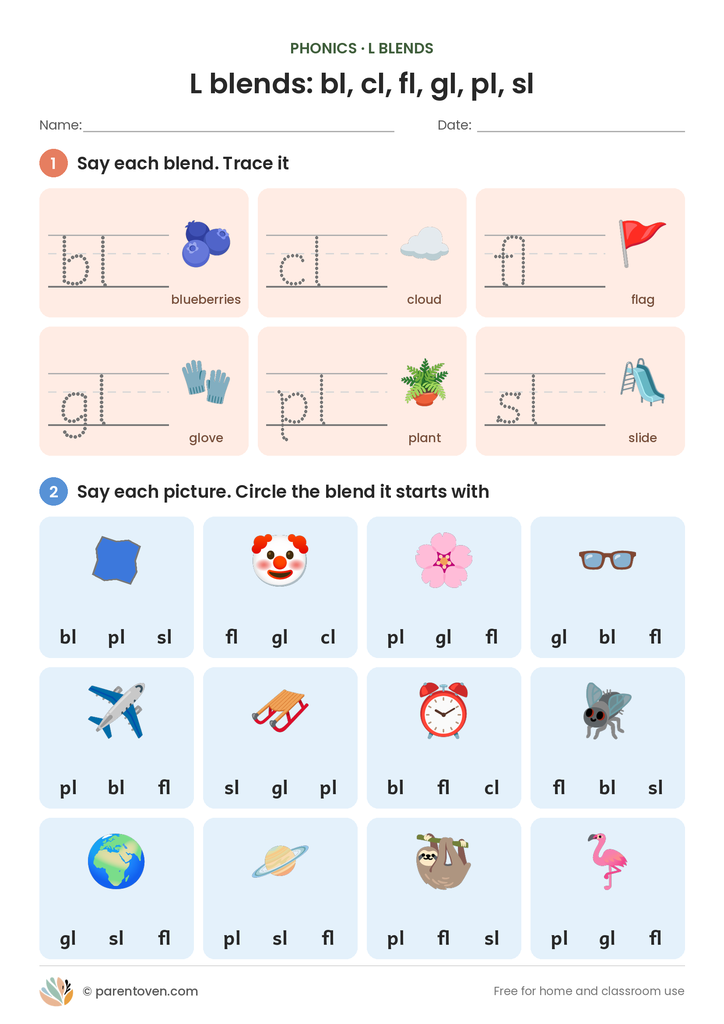 L blends worksheet page 1: trace bl, cl, fl, gl, pl and sl, then circle the blend each picture starts with