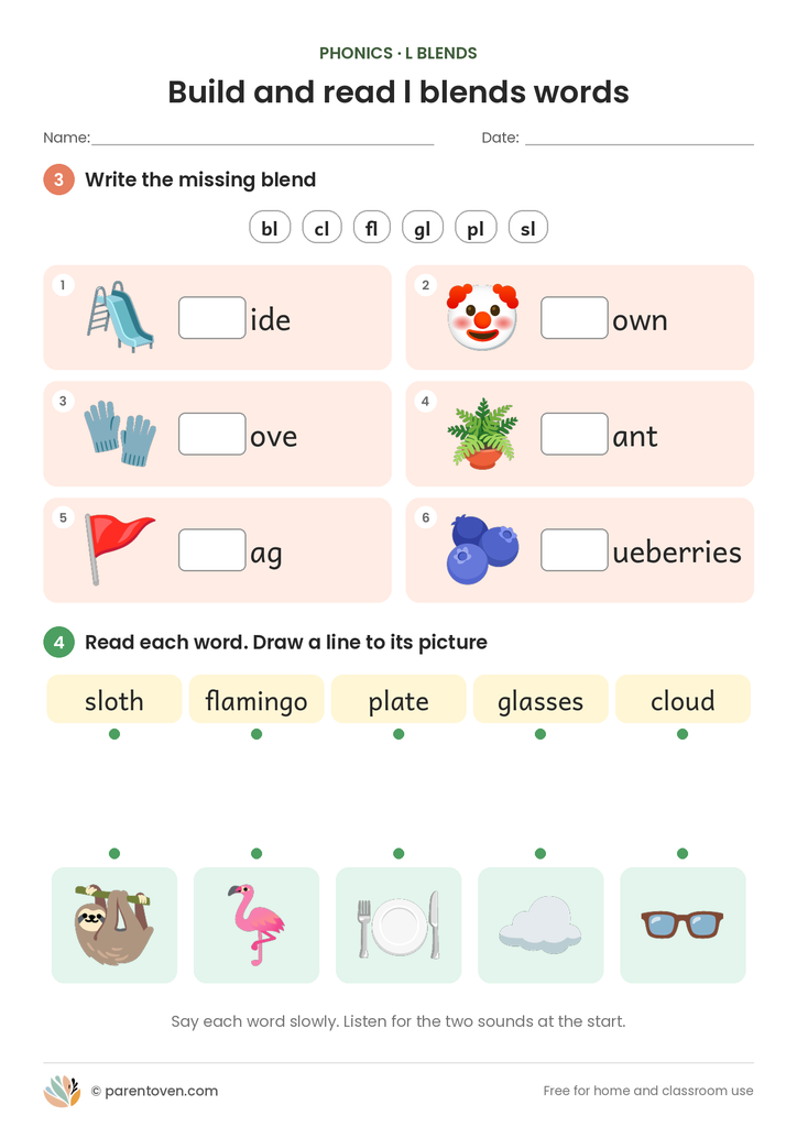 L blends worksheet page 2: write the missing blend and match words to pictures