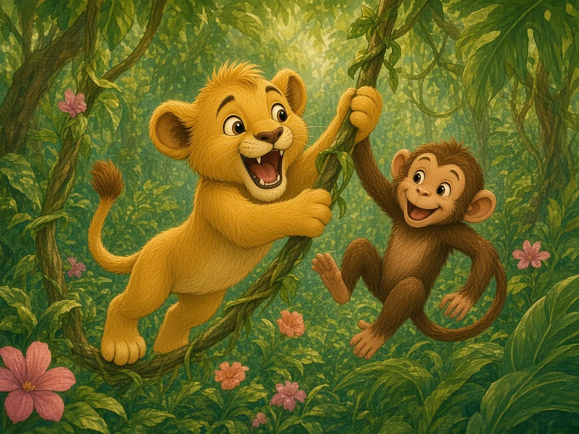 Leo and the Very Small Roar: leo clinging to a jungle vine mid-swing with a surprised face, Mika the monkey swinging beside him