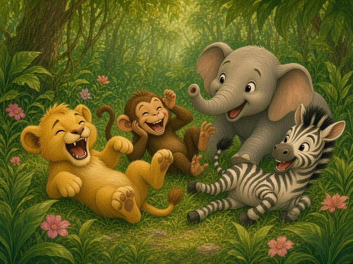 Leo and the Very Small Roar: leo, Mika, Zola and Tembo rolling about laughing together in long jungle grass