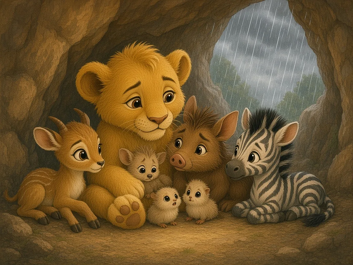 Leo and the Very Small Roar: inside a cosy rock cave during a rainstorm: small baby animals huddled together, Leo looking at them thoughtfully, rain at the cave mouth