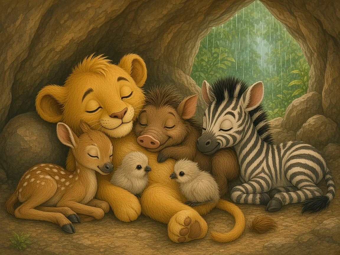 Leo and the Very Small Roar: leo curled up in the cave beside sleeping baby animals, calm and peaceful, soft light