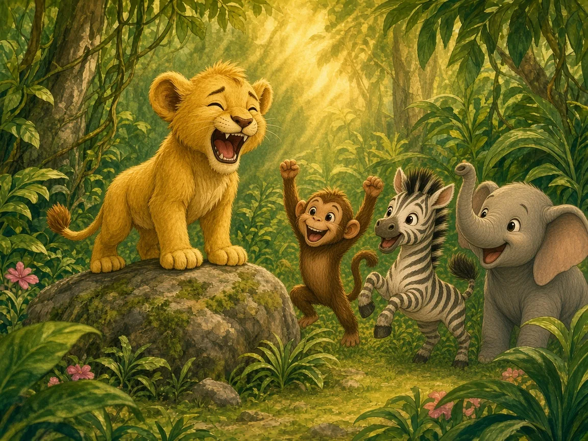 Leo and the Very Small Roar: leo roaring proudly on his rock at sunrise, his friends cheering below