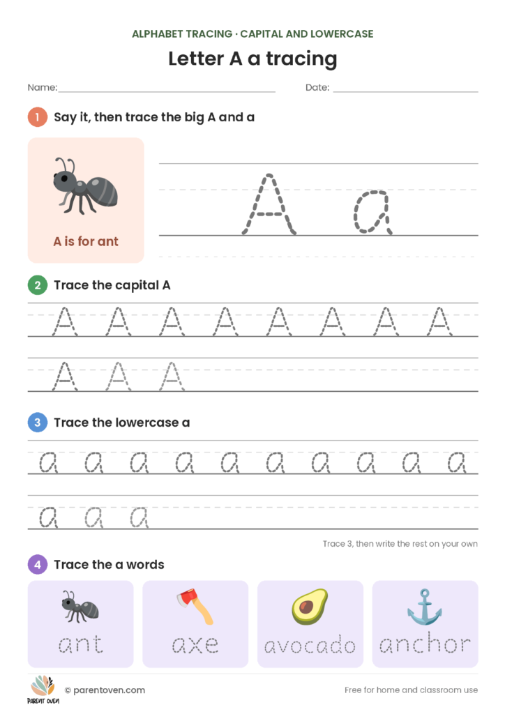 Alphabet tracing worksheet for the letter A with dotted uppercase and lowercase A and an apple illustration.