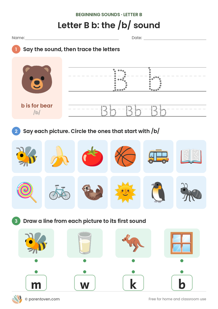 Letter B sound worksheet: trace B and b, circle the pictures that start with /b/ and match pictures to first sounds