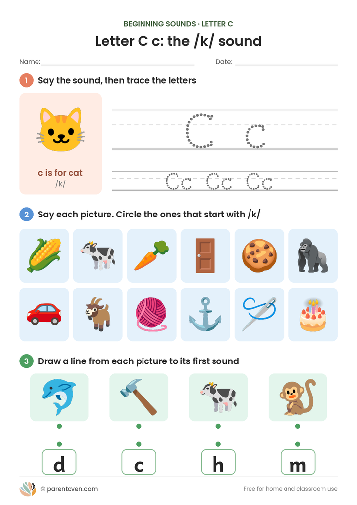 Letter C sound worksheet: trace C and c, circle the pictures that start with /k/, and match pictures to their first sounds