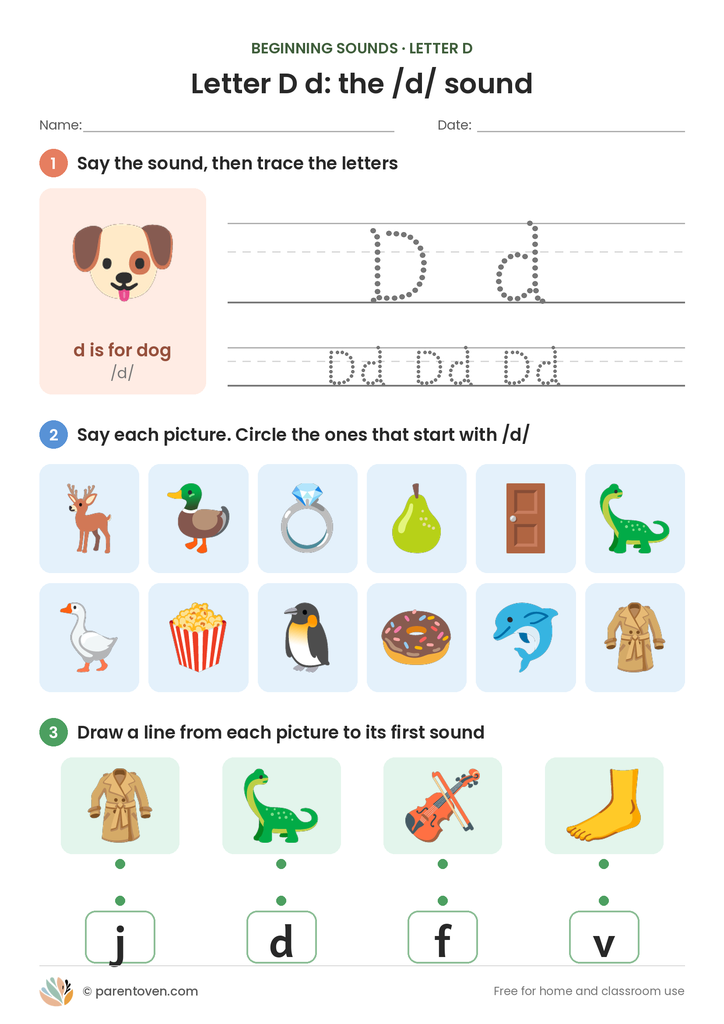 Letter D sound worksheet: trace D and d, circle the pictures that start with /d/, and match pictures to their first sounds