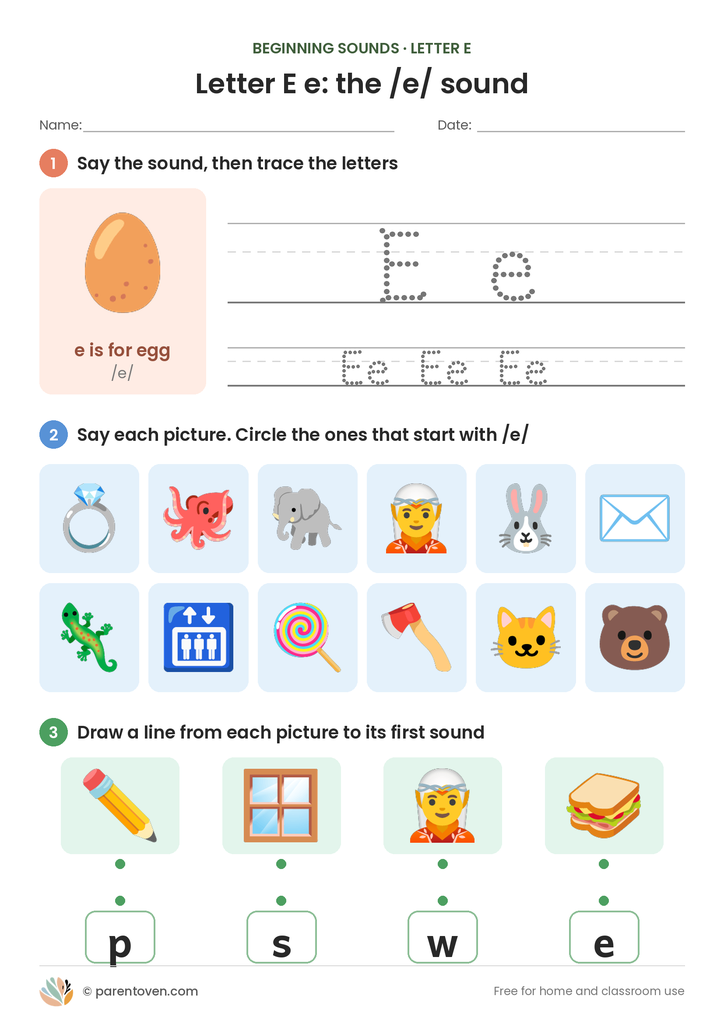 Letter E sound worksheet: trace E and e, circle the pictures that start with /e/, and match pictures to their first sounds