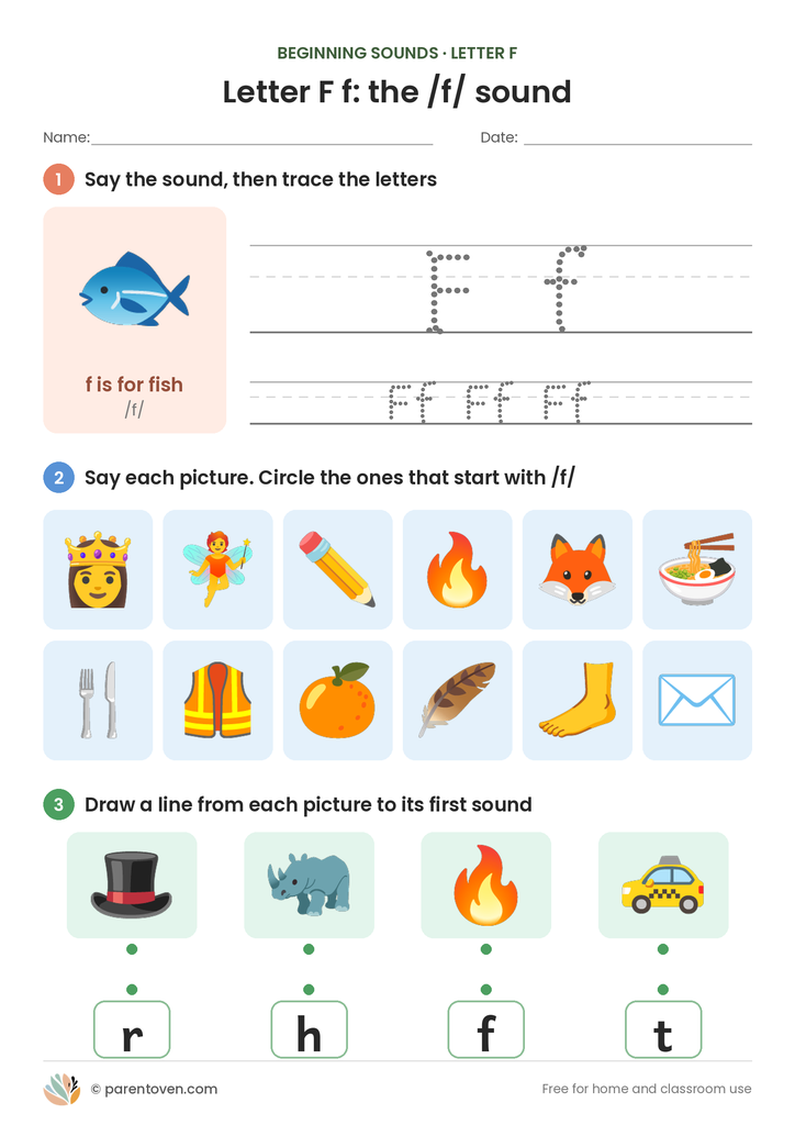Letter F sound worksheet: trace F and f, circle the pictures that start with /f/, and match pictures to their first sounds