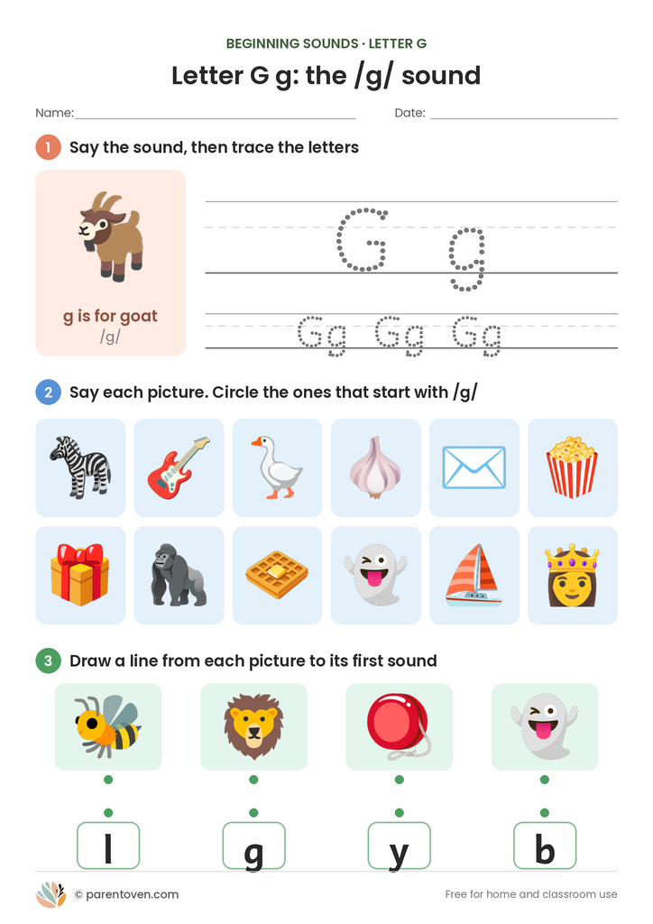 Letter G sound worksheet: trace G and g, circle the pictures that start with /g/, and match pictures to their first sounds