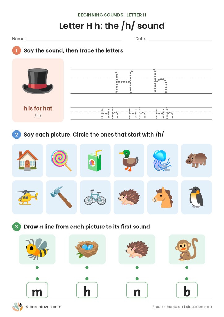 Letter H sound worksheet: trace H and h, circle the pictures that start with /h/, and match pictures to their first sounds