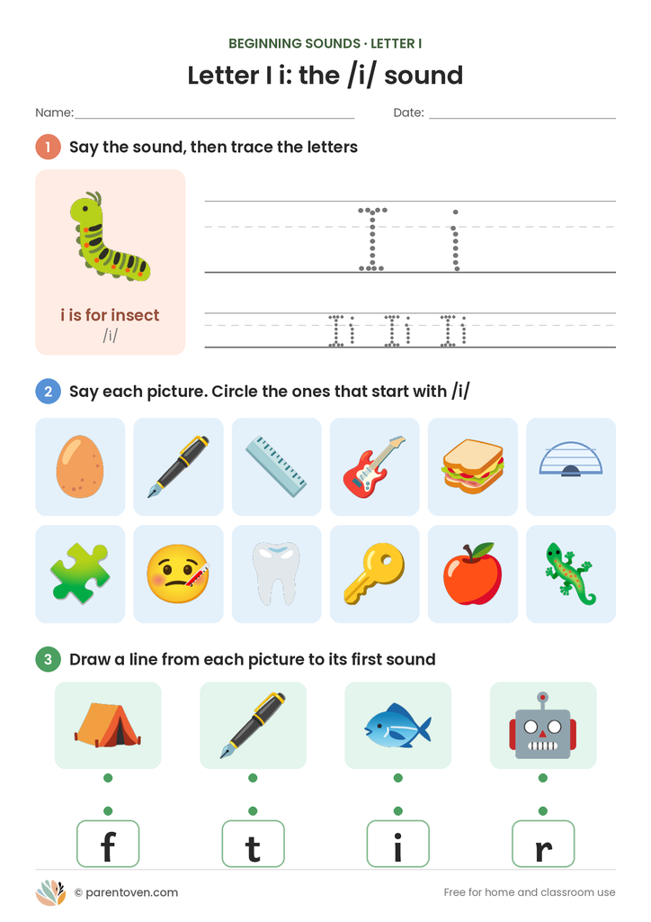 Letter I sound worksheet: trace I and i, circle the pictures that start with /i/, and match pictures to their first sounds