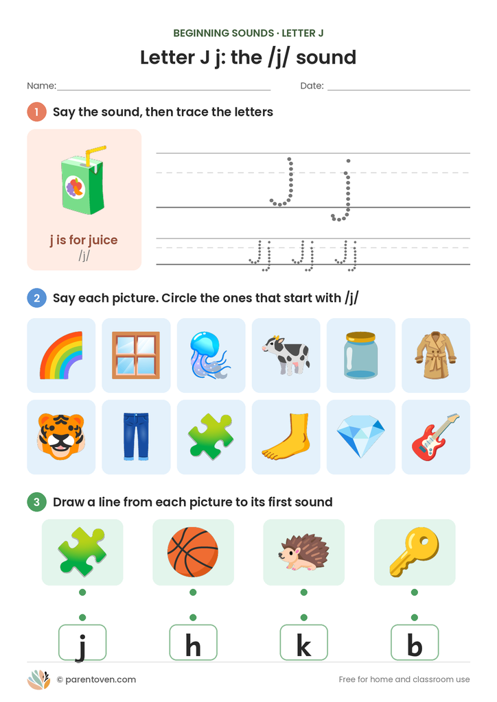 Letter J sound worksheet: trace J and j, circle the pictures that start with /j/, and match pictures to their first sounds