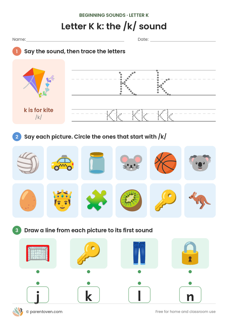 Letter K sound worksheet: trace K and k, circle the pictures that start with /k/, and match pictures to their first sounds