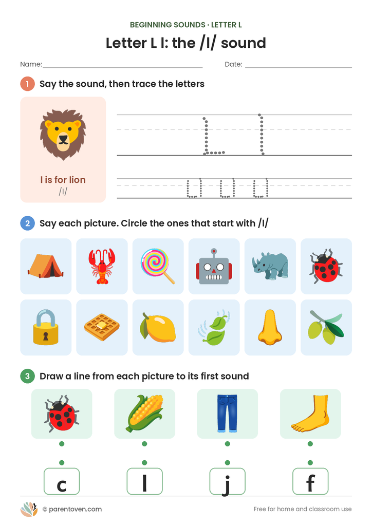 Letter L sound worksheet: trace L and l, circle the pictures that start with /l/, and match pictures to their first sounds