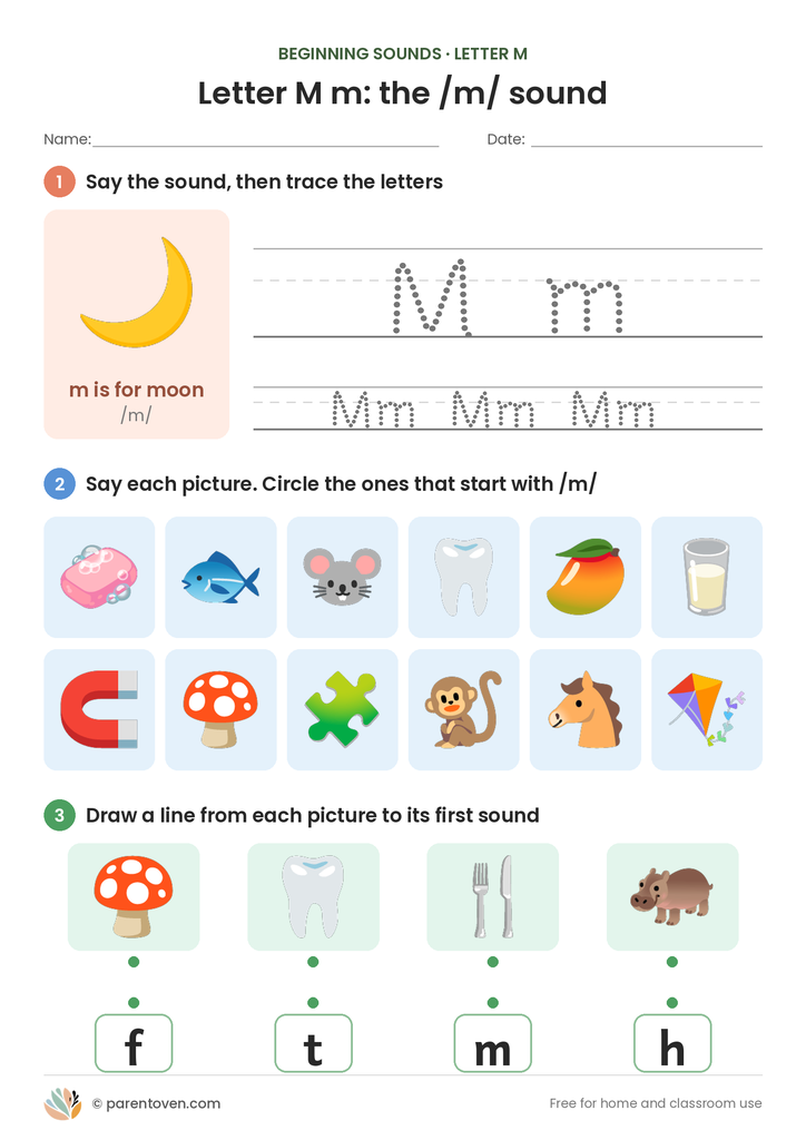 Letter M sound worksheet: trace M and m, circle the pictures that start with /m/, and match pictures to their first sounds