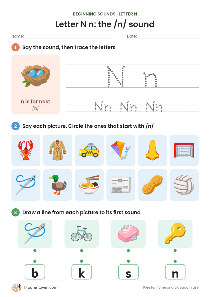 Letter N sound worksheet: trace N and n, circle the pictures that start with /n/, and match pictures to their first sounds
