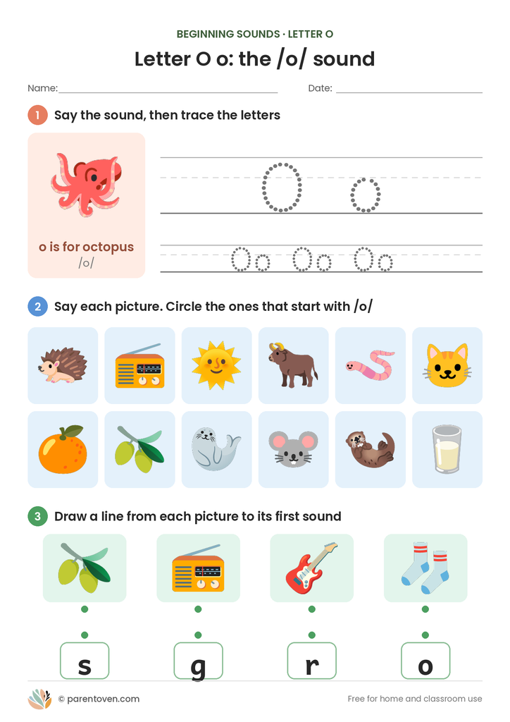Letter O sound worksheet: trace O and o, circle the pictures that start with /o/, and match pictures to their first sounds