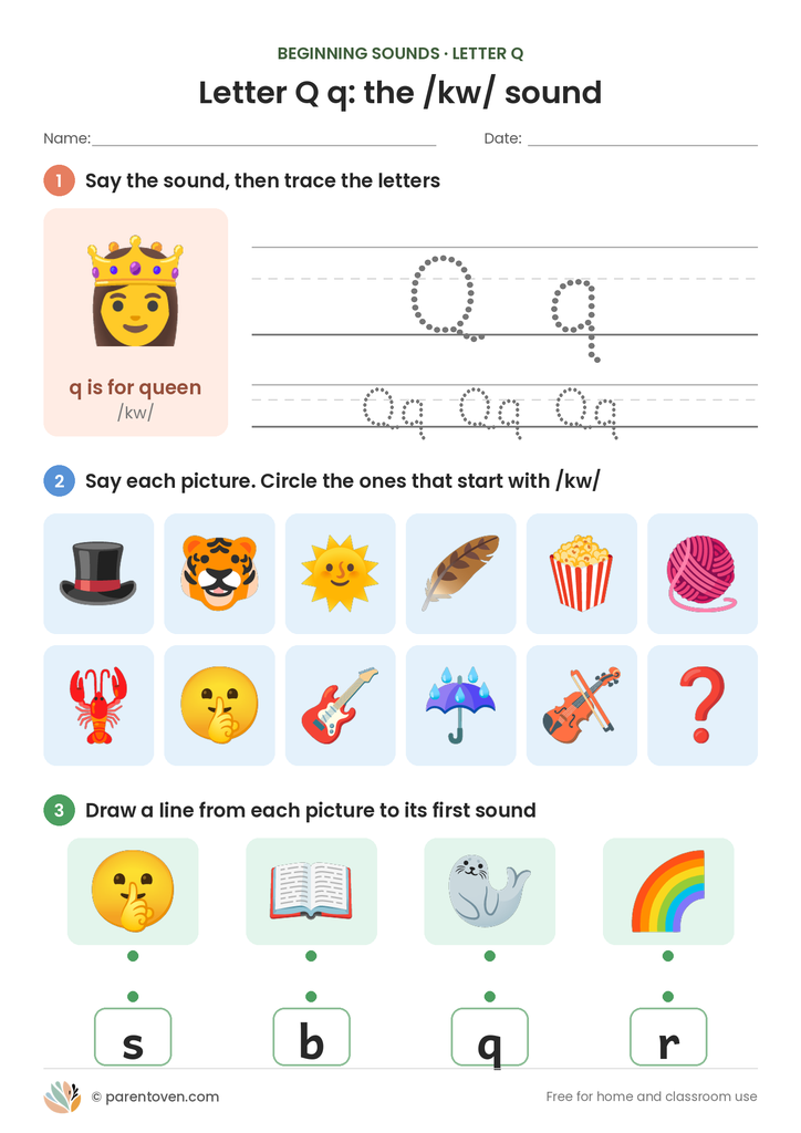 Letter Q sound worksheet: trace Q and q, circle the pictures that start with /kw/, and match pictures to their first sounds