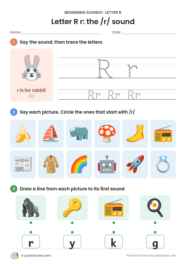 Letter R sound worksheet: trace R and r, circle the pictures that start with /r/, and match pictures to their first sounds