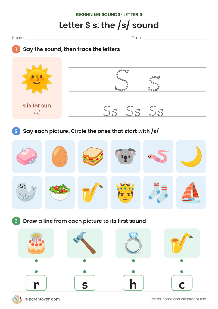 Letter S sound worksheet: trace S and s, circle the pictures that start with /s/, and match pictures to their first sounds