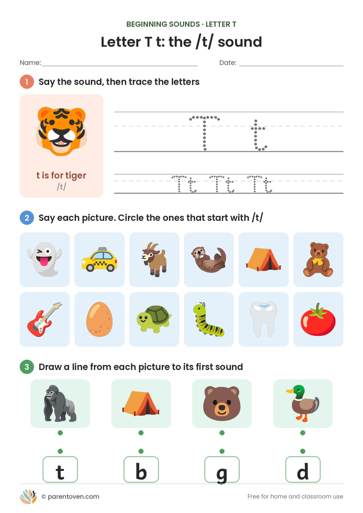 Letter T sound worksheet: trace T and t, circle the pictures that start with /t/, and match pictures to their first sounds