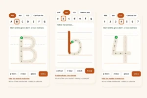 Letter tracing online: finger tracing B, lowercase b and the number 4 on a phone, with a green start dot and arrows