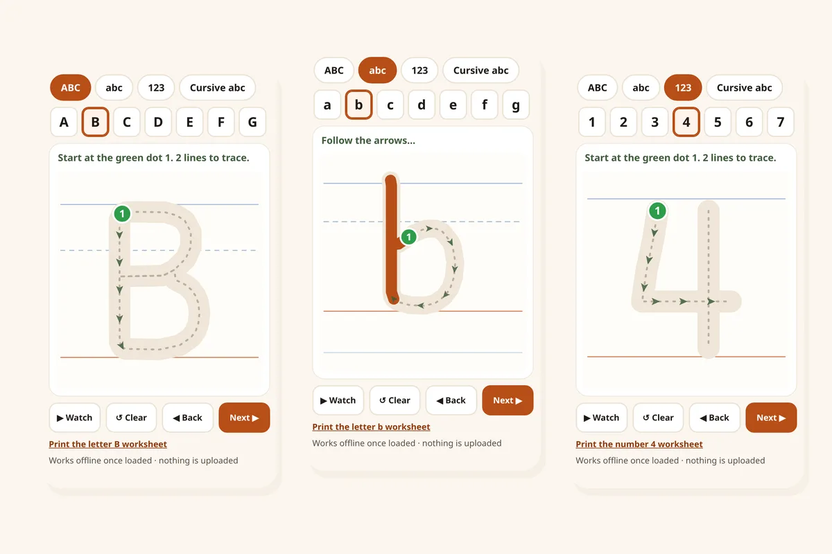 Letter tracing online: finger tracing B, lowercase b and the number 4 on a phone, with a green start dot and arrows