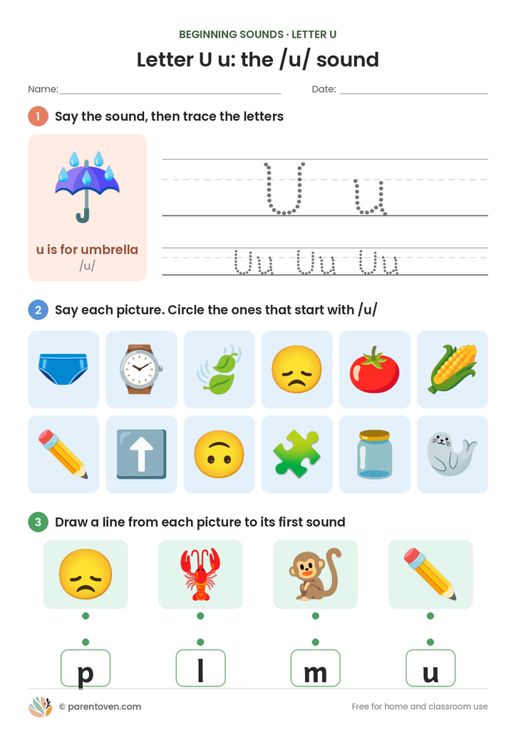 Letter U sound worksheet: trace U and u, circle the pictures that start with /u/, and match pictures to their first sounds