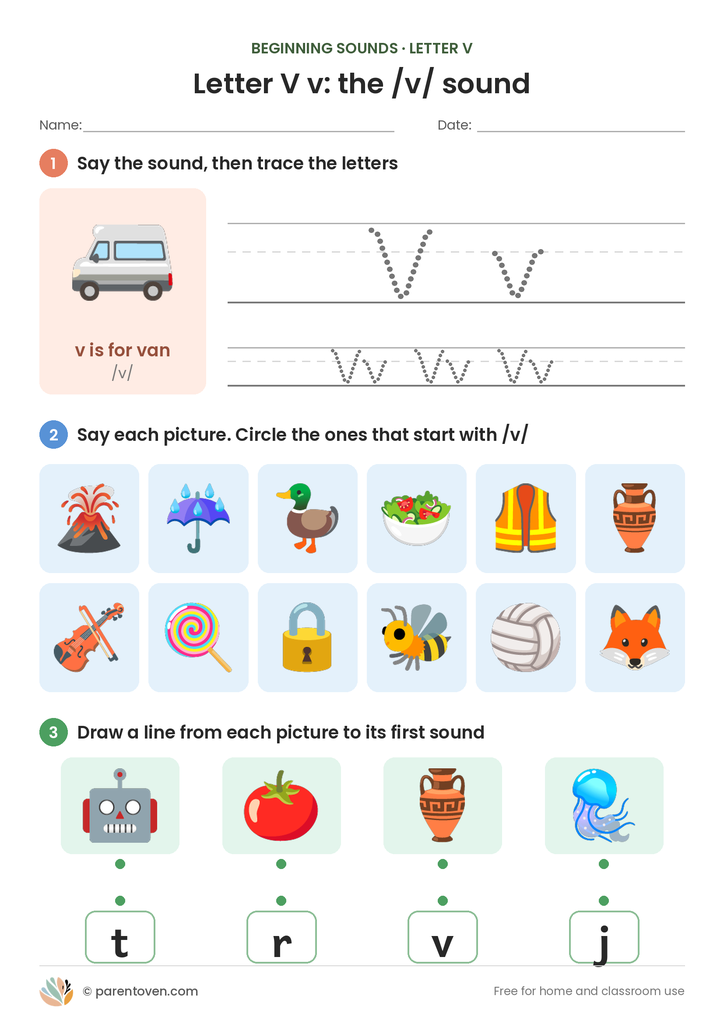Letter V sound worksheet: trace V and v, circle the pictures that start with /v/, and match pictures to their first sounds