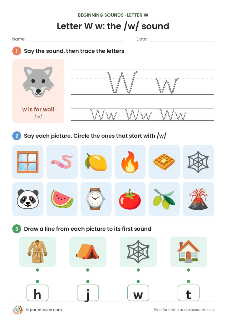 Letter W sound worksheet: trace W and w, circle the pictures that start with /w/, and match pictures to their first sounds