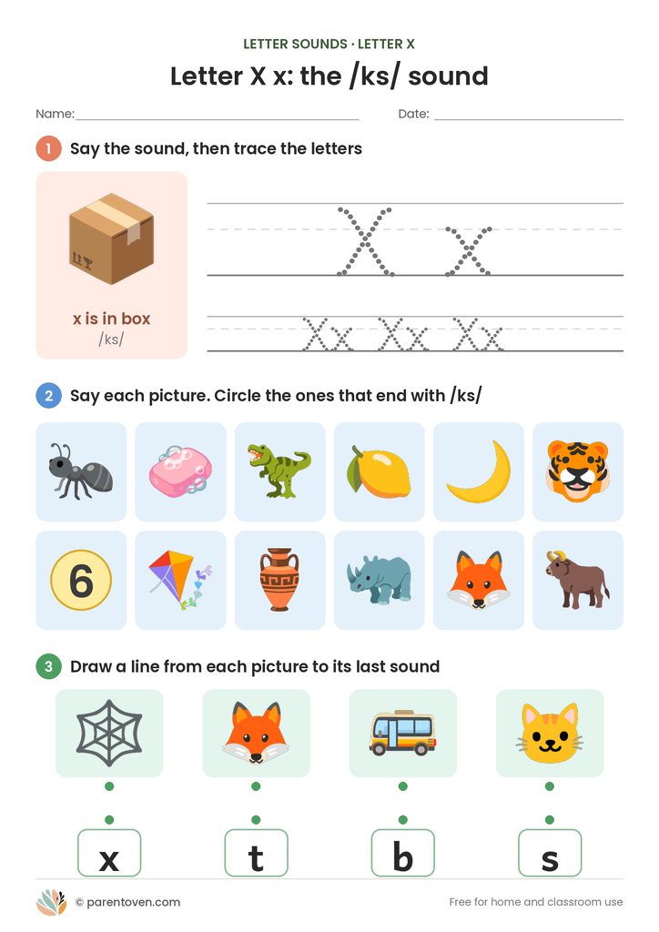 Letter X sound worksheet: trace X and x, circle the pictures that end with /ks/, and match pictures to their last sounds