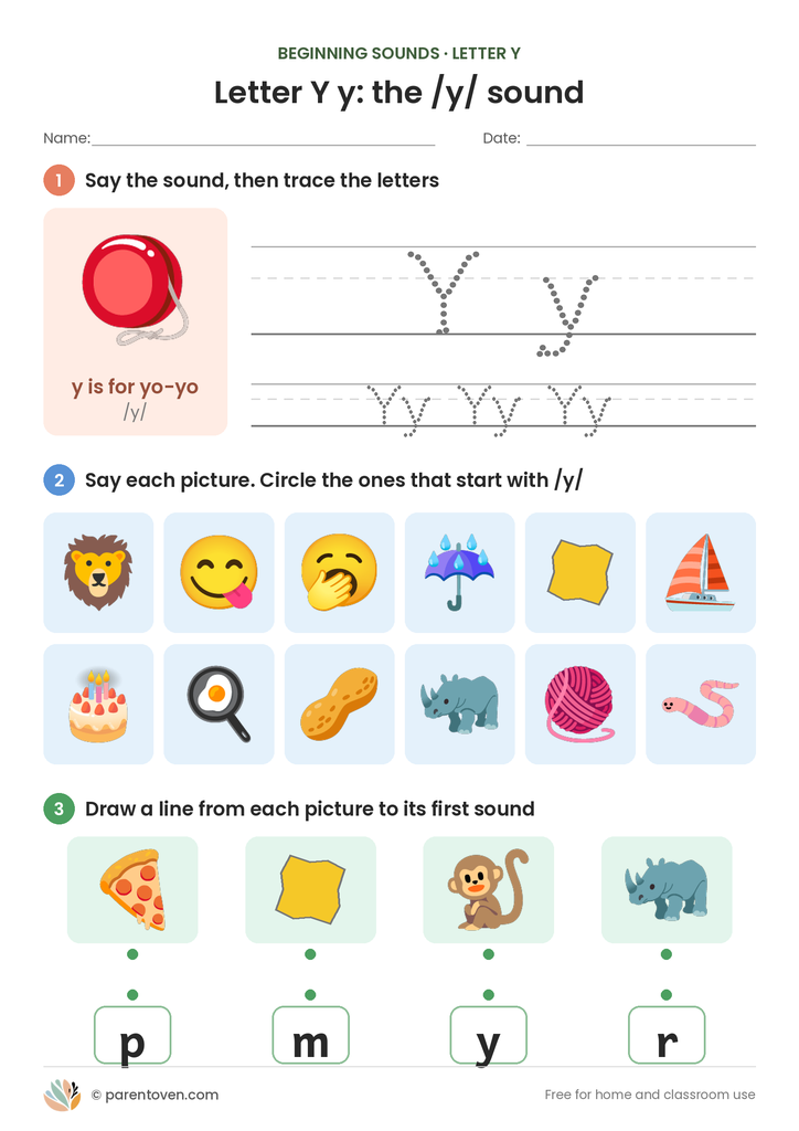 Letter Y sound worksheet: trace Y and y, circle the pictures that start with /y/, and match pictures to their first sounds
