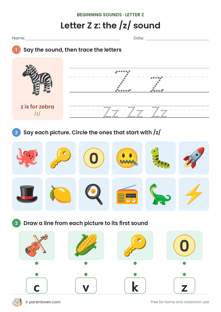 Letter Z sound worksheet: trace Z and z, circle the pictures that start with /z/, and match pictures to their first sounds