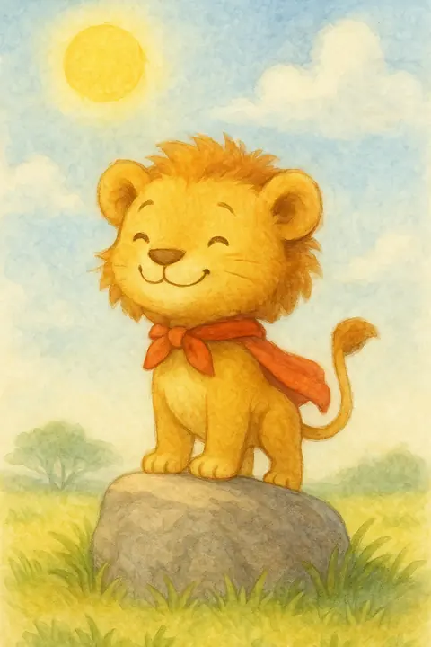 Illustration of a happy lion cub with a red scarf standing on a rock