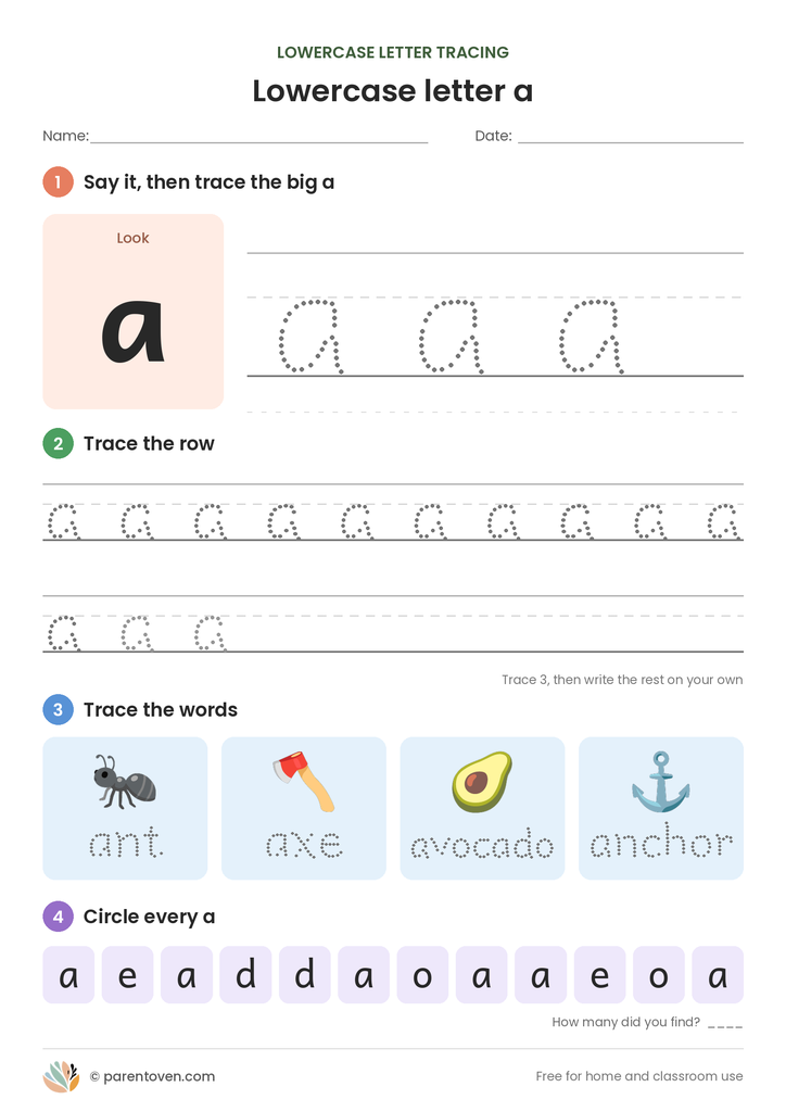 Lowercase letter a tracing worksheet: trace a big a, trace rows of a, trace the words ant, axe, avocado, anchor, and circle every a