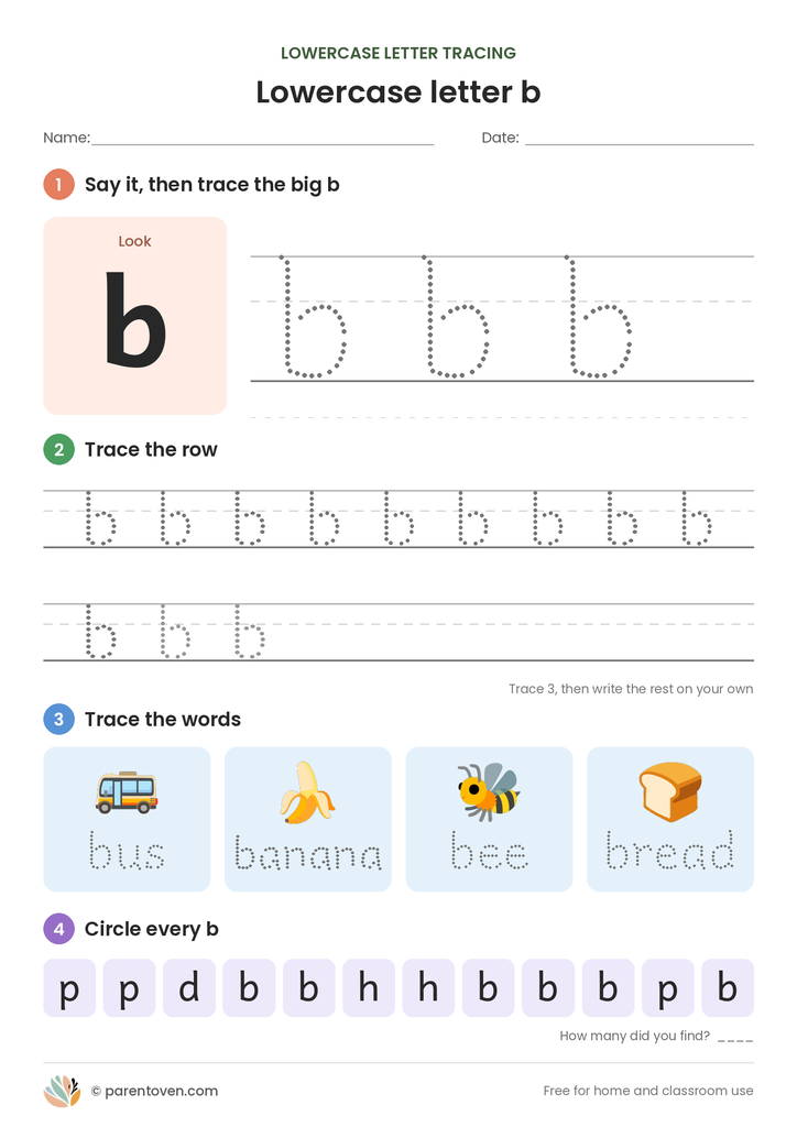 Lowercase letter b tracing worksheet: trace a big b, trace rows of b, trace the words bus, banana, bee, bread, and circle every b