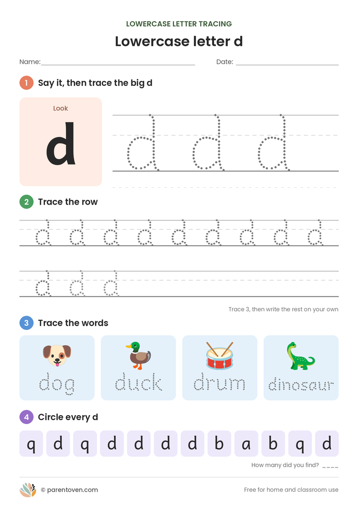 Lowercase letter d tracing worksheet: trace a big d, trace rows of d, trace the words dog, duck, drum, dinosaur, and circle every d
