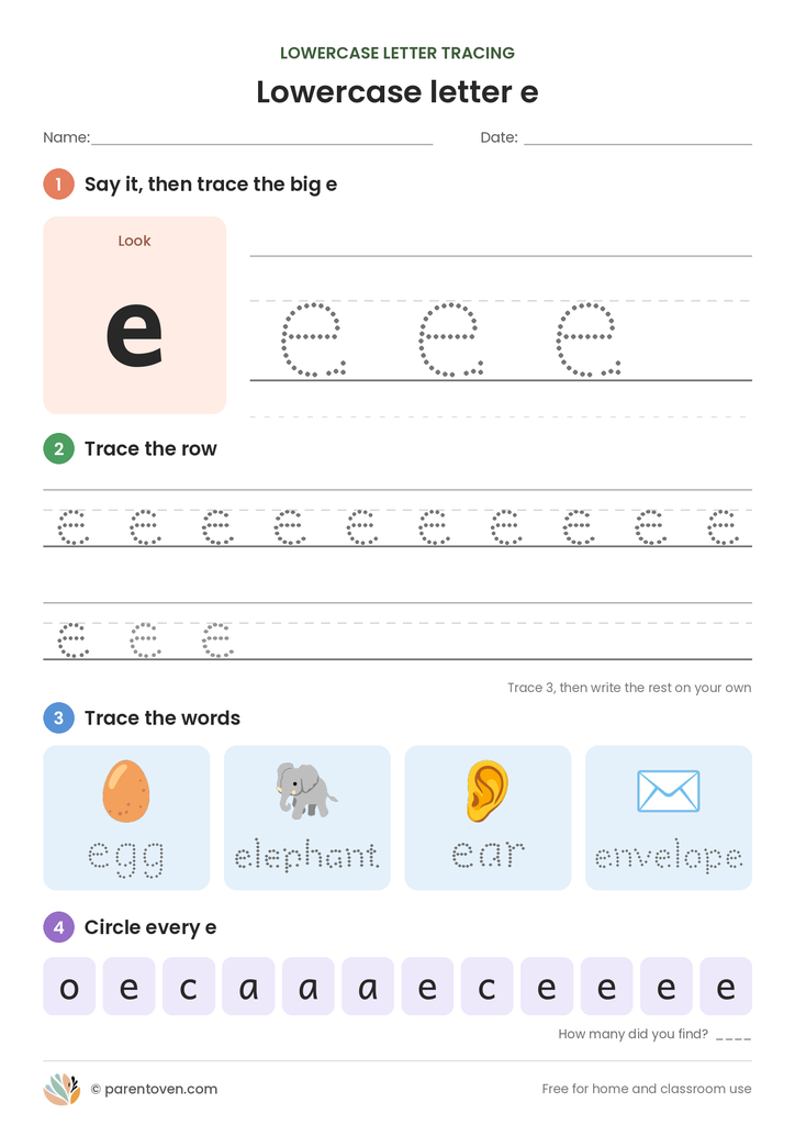 Lowercase letter e tracing worksheet: trace a big e, trace rows of e, trace the words egg, elephant, ear, envelope, and circle every e