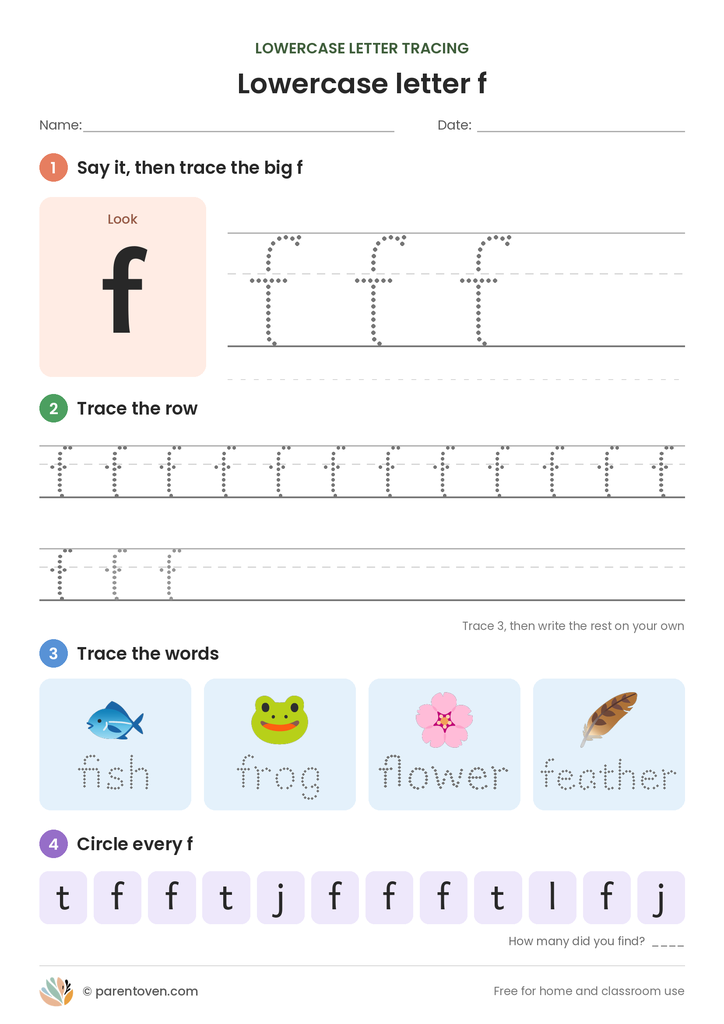 Lowercase letter f tracing worksheet: trace a big f, trace rows of f, trace the words fish, frog, flower, feather, and circle every f