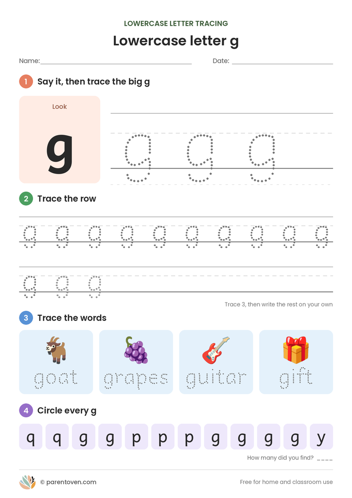 Lowercase letter g tracing worksheet: trace a big g, trace rows of g, trace the words goat, grapes, guitar, gift, and circle every g