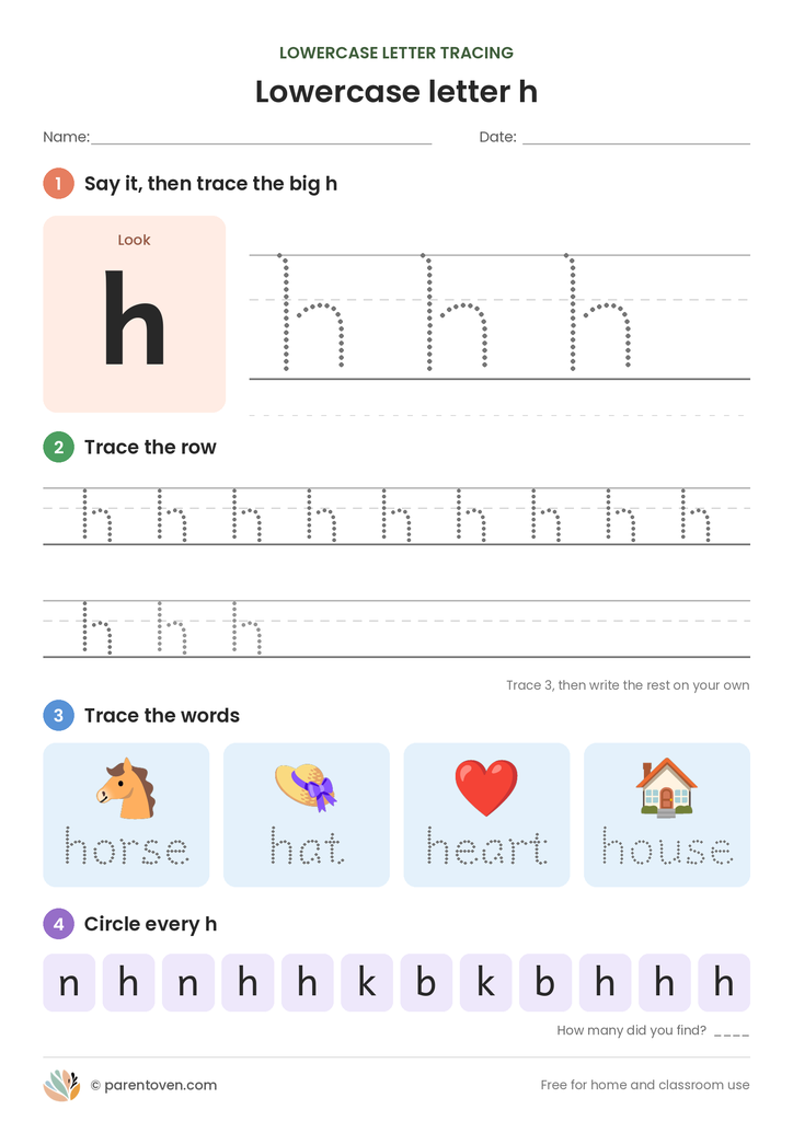Lowercase letter h tracing worksheet: trace a big h, trace rows of h, trace the words horse, hat, heart, house, and circle every h