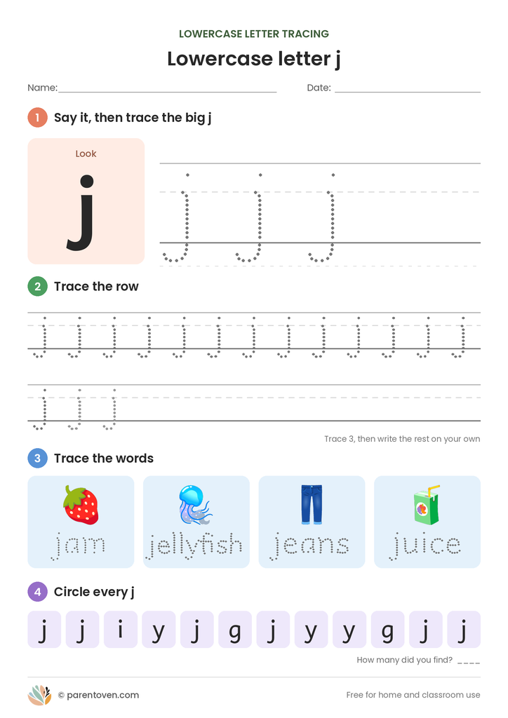 Lowercase letter j tracing worksheet: trace a big j, trace rows of j, trace the words jam, jellyfish, jeans, juice, and circle every j