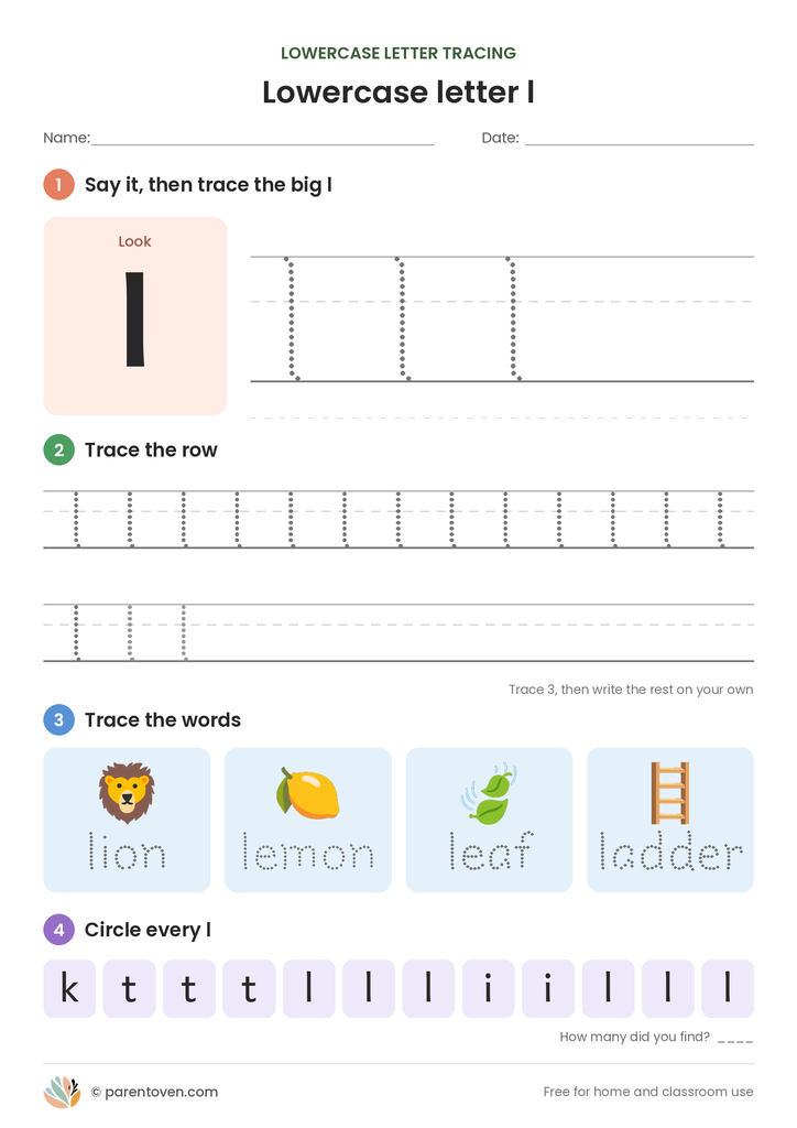 Lowercase letter l tracing worksheet: trace a big l, trace rows of l, trace the words lion, lemon, leaf, ladder, and circle every l