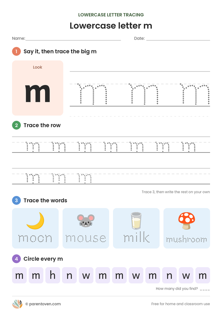 Lowercase letter m tracing worksheet: trace a big m, trace rows of m, trace the words moon, mouse, milk, mushroom, and circle every m
