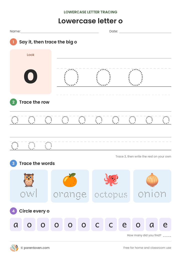 Lowercase letter o tracing worksheet: trace a big o, trace rows of o, trace the words owl, orange, octopus, onion, and circle every o