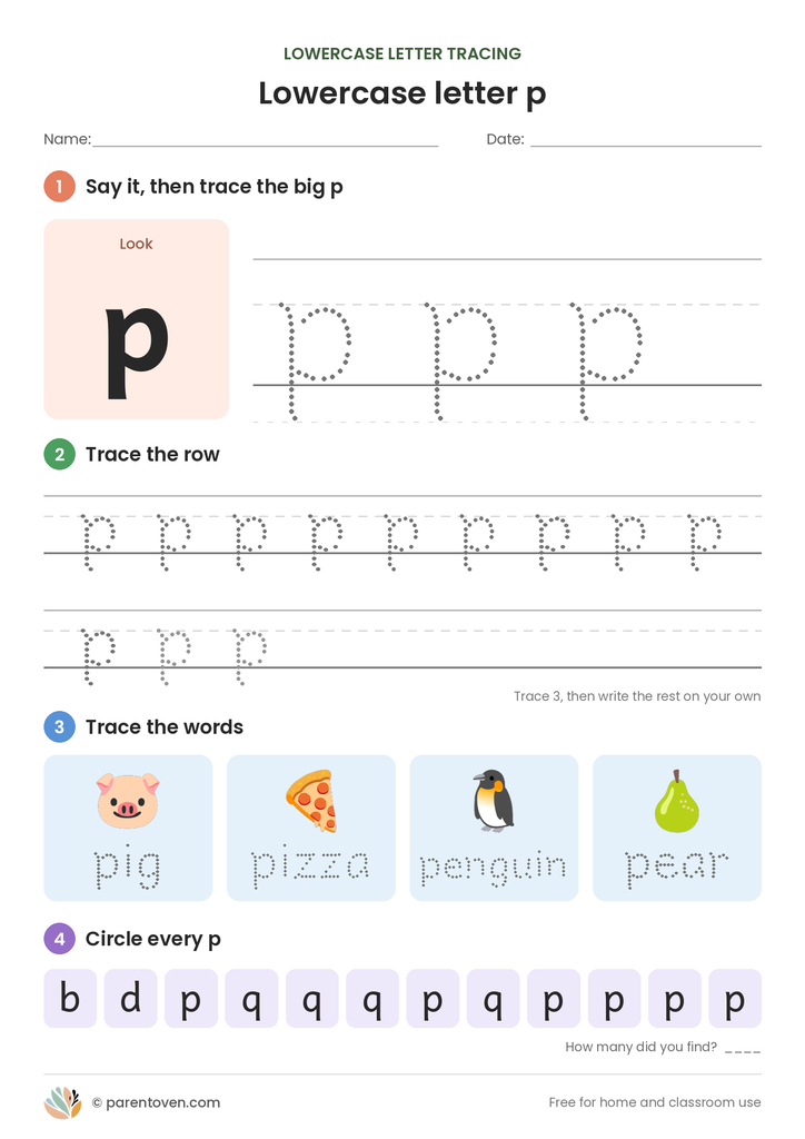 Lowercase letter p tracing worksheet: trace a big p, trace rows of p, trace the words pig, pizza, penguin, pear, and circle every p