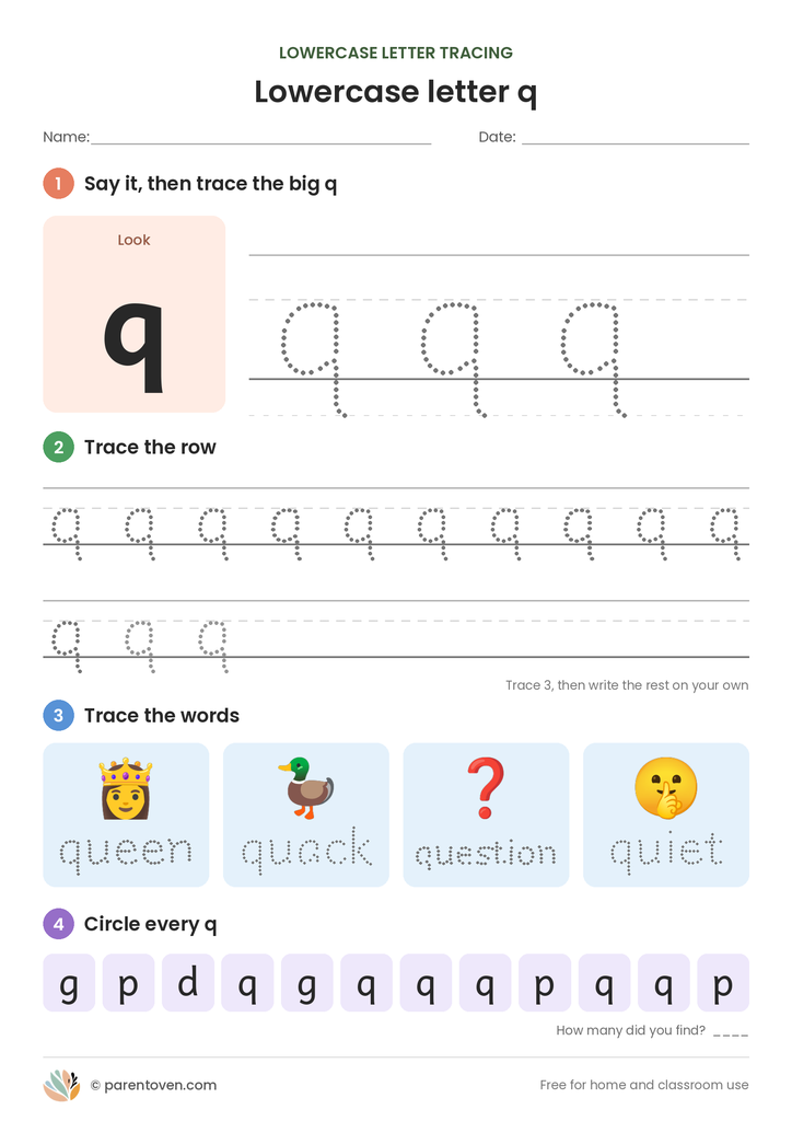 Lowercase letter q tracing worksheet: trace a big q, trace rows of q, trace the words queen, quack, question, quiet, and circle every q