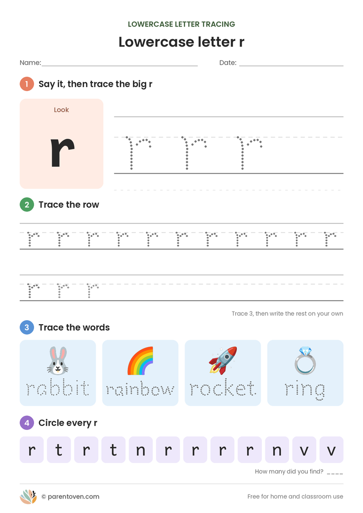 Lowercase letter r tracing worksheet: trace a big r, trace rows of r, trace the words rabbit, rainbow, rocket, ring, and circle every r