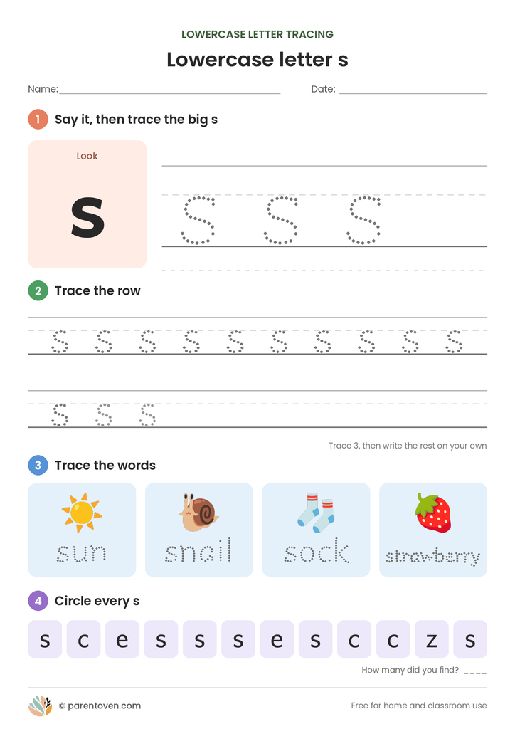 Lowercase letter s tracing worksheet: trace a big s, trace rows of s, trace the words sun, snail, sock, strawberry, and circle every s